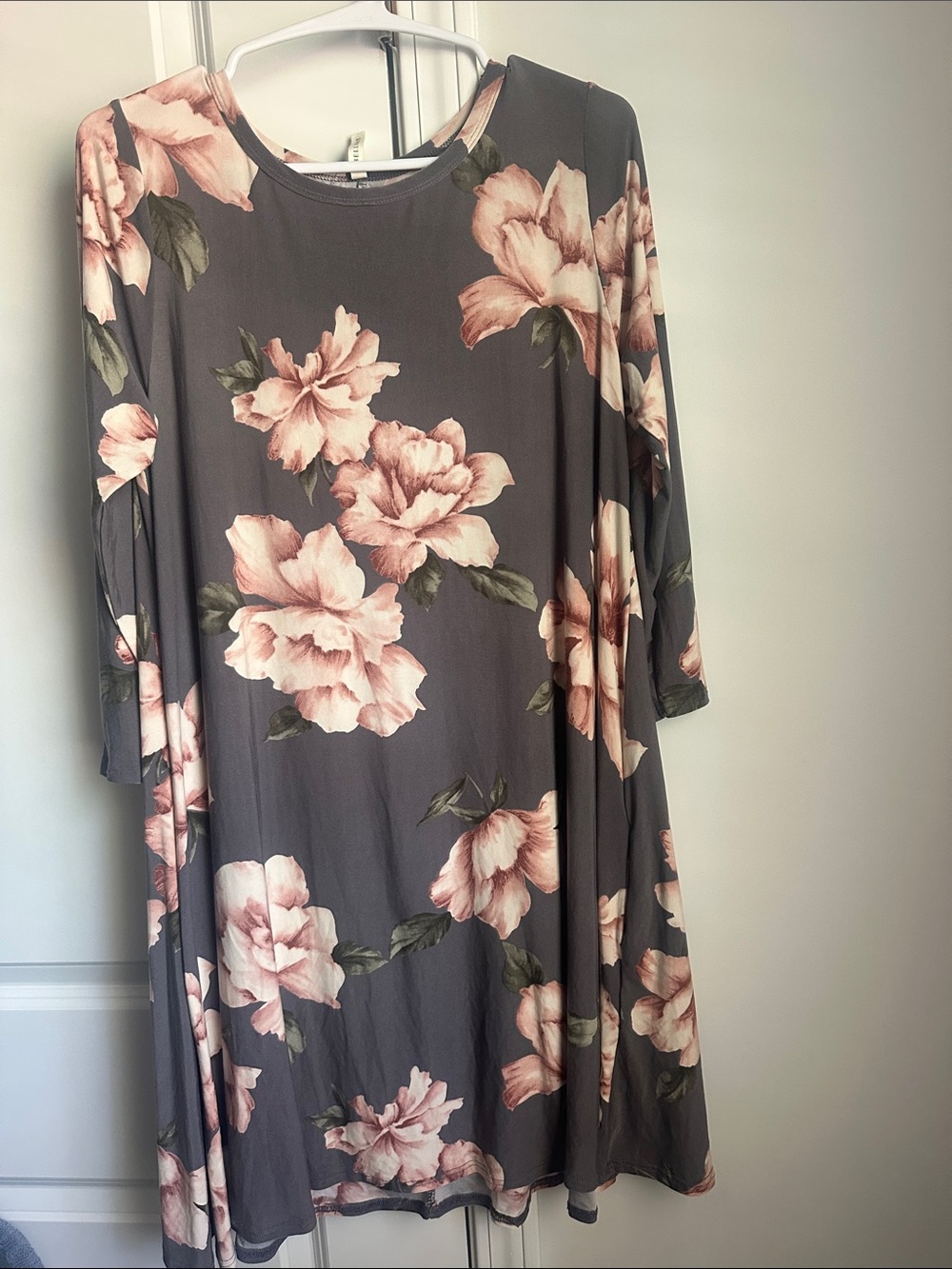 Bellamie Gray Midi Dress with Blush Floral Print with POCKETS!